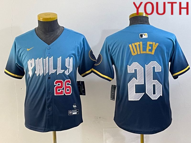 Youth Philadelphia Phillies #26 Utley Blue City Edition 2024 Nike MLB Jersey style 2